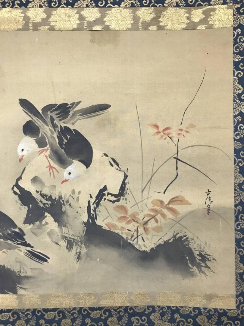 【真作】狩野古信/紅葉小禽図/花鳥図/横物/江戸中期/掛軸/名家伝来AC-409