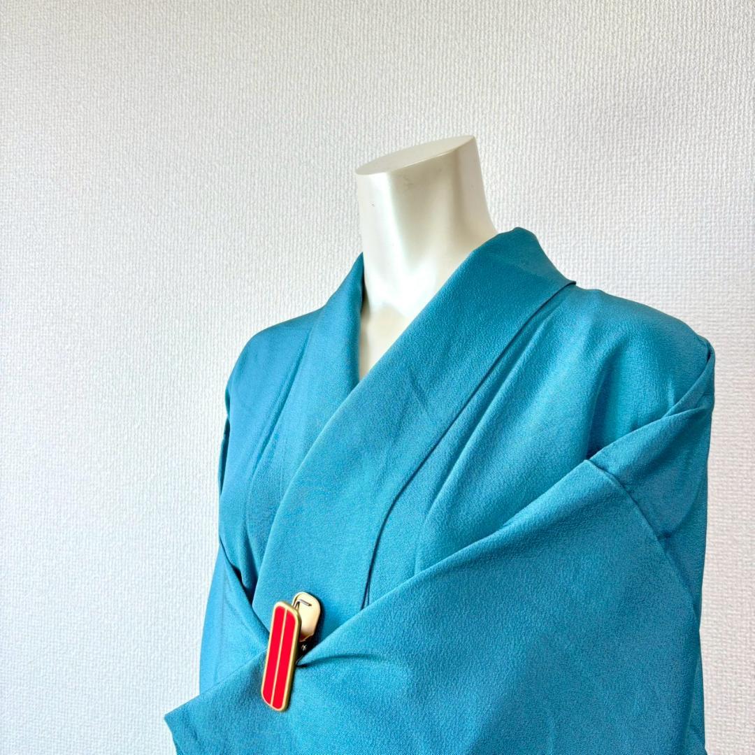 人気色 色無地 納戸色 一つ紋 正絹 広襟 袷 裄64 IS1062