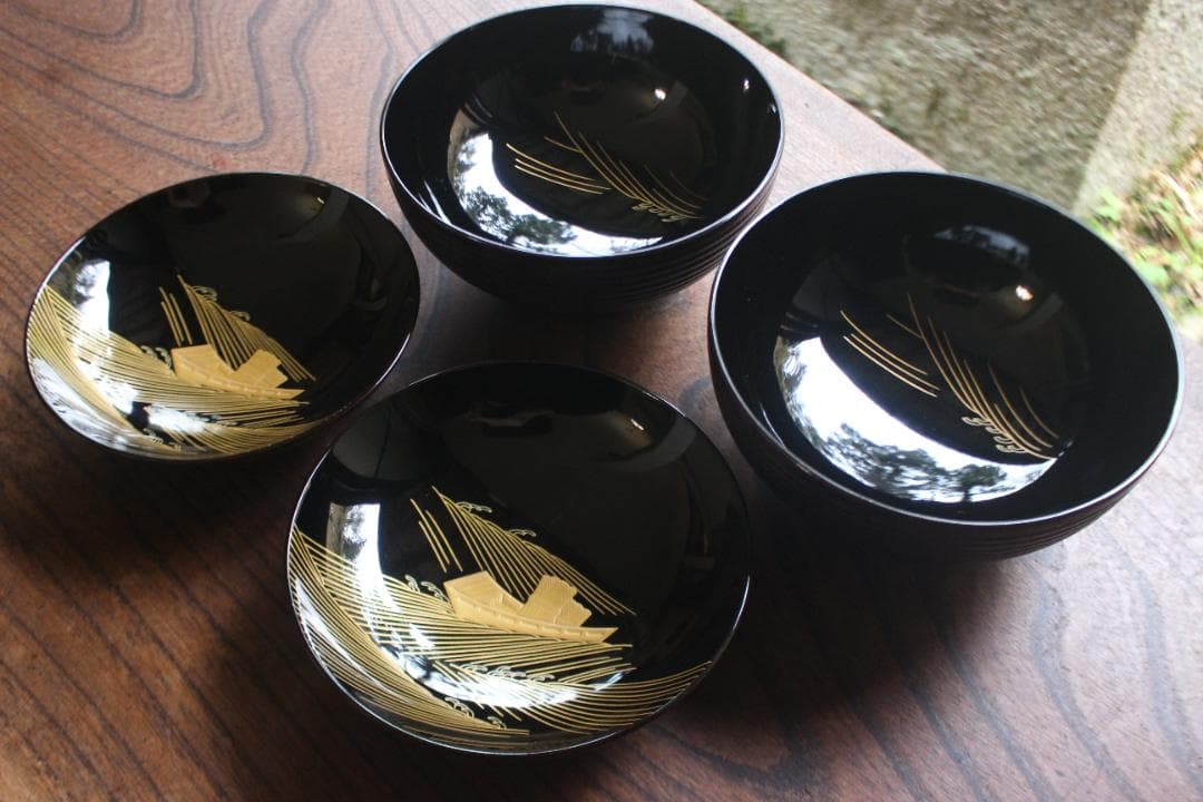 デッドストック！風情ある千筋糸目に極上宝船蒔絵の映える煮物椀2点（検輪島塗雑煮椀