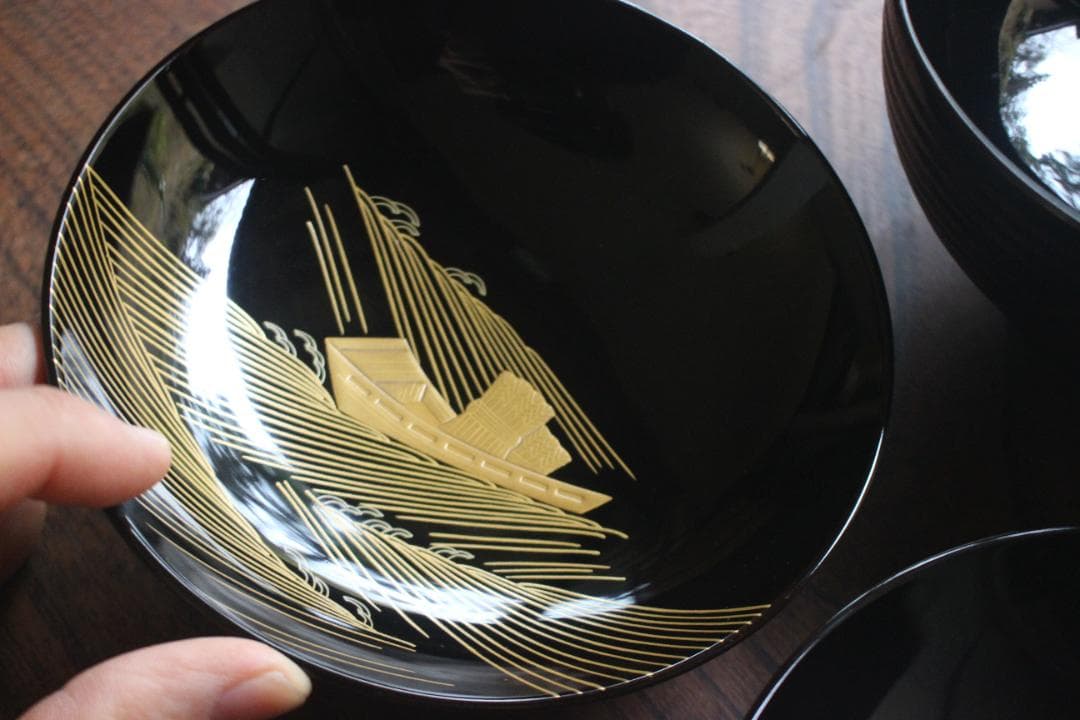 デッドストック！風情ある千筋糸目に極上宝船蒔絵の映える煮物椀2点（検輪島塗雑煮椀