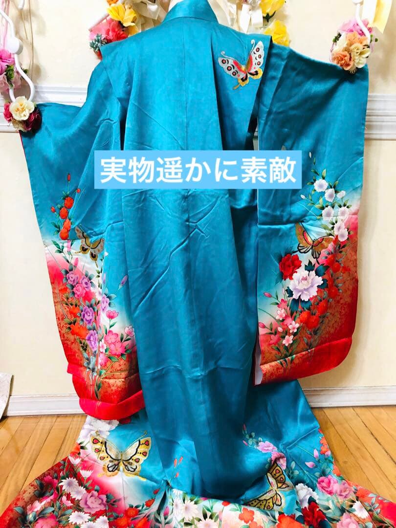 七五三7歳‼️豪華正絹Blue暈し‼️蝶々薔薇金彩金箔‼️完全フルセット✨プリンセス❤️