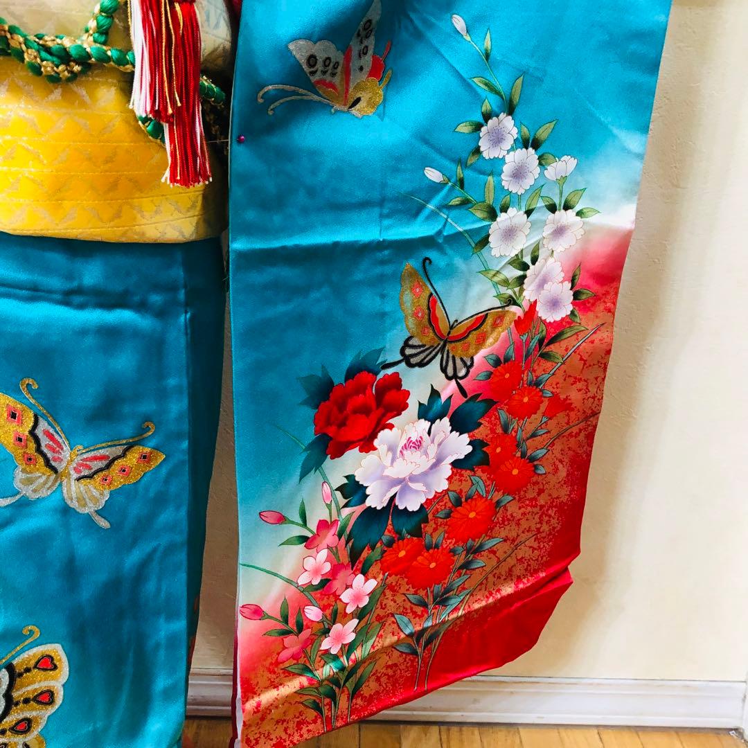七五三7歳‼️豪華正絹Blue暈し‼️蝶々薔薇金彩金箔‼️完全フルセット✨プリンセス❤️