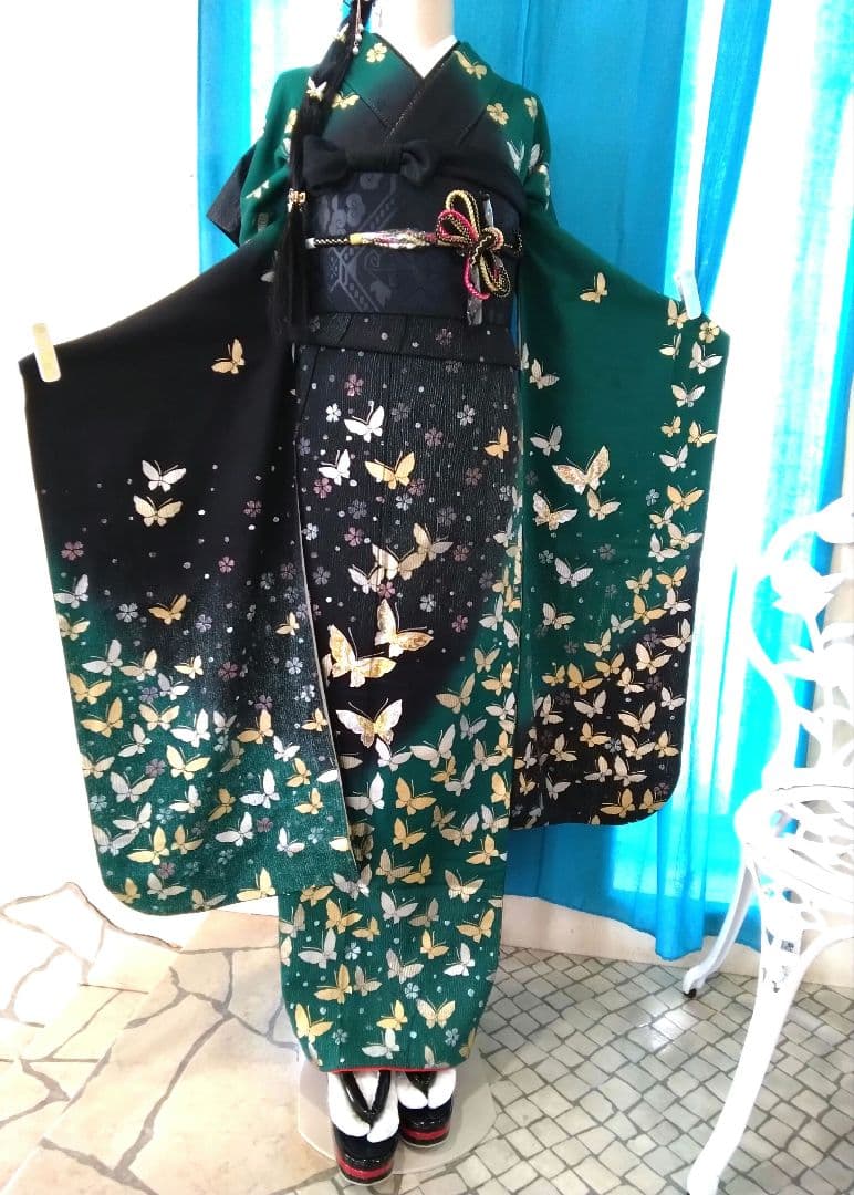 振袖フルセット、正絹振袖成人式、重ね衿、帯揚げ帯締め、黒帯、襦袢