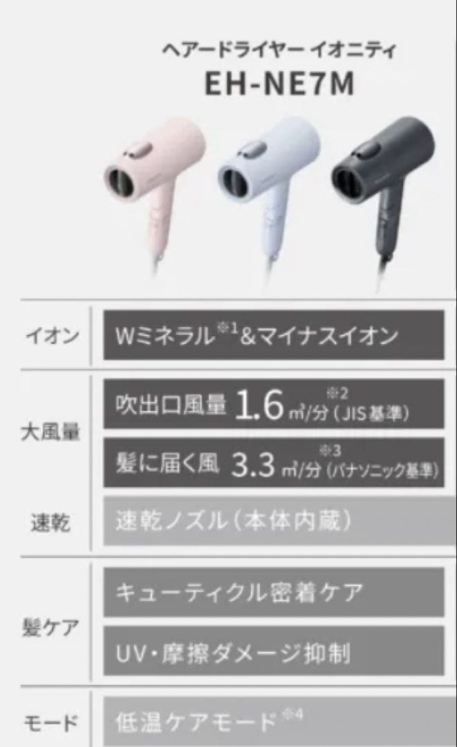 保証付　最安値　Panasonic ドライヤーEH-NE7M ピンクミストローズ