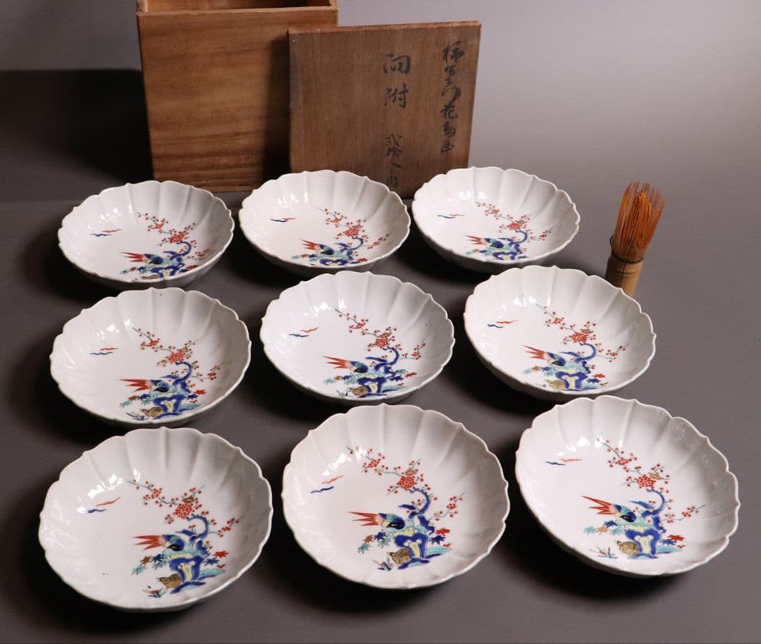 時代 柿右衛門様式 古伊万里 花鳥 輪花色絵皿九客 なます皿 向付 MA318 柿右衛門色絵花鳥文輪花皿 | 商品詳細 東洋古陶磁の前坂晴天堂