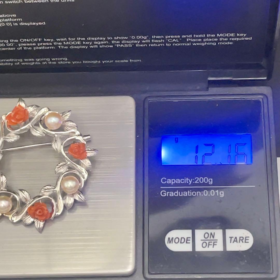 美品！アコヤ真珠×赤珊瑚 薔薇彫刻 シルバーブローチ＆ペンダント