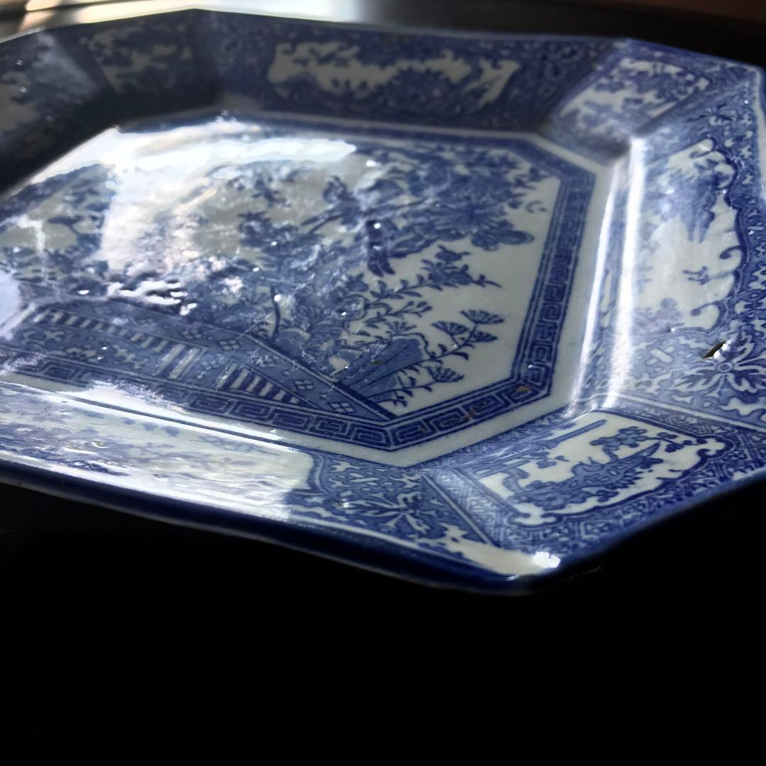 美品　陶器　年代物　盛り皿　角皿　八角絵皿　丁寧に描かれた雷鳥や菊の絵柄が素敵な