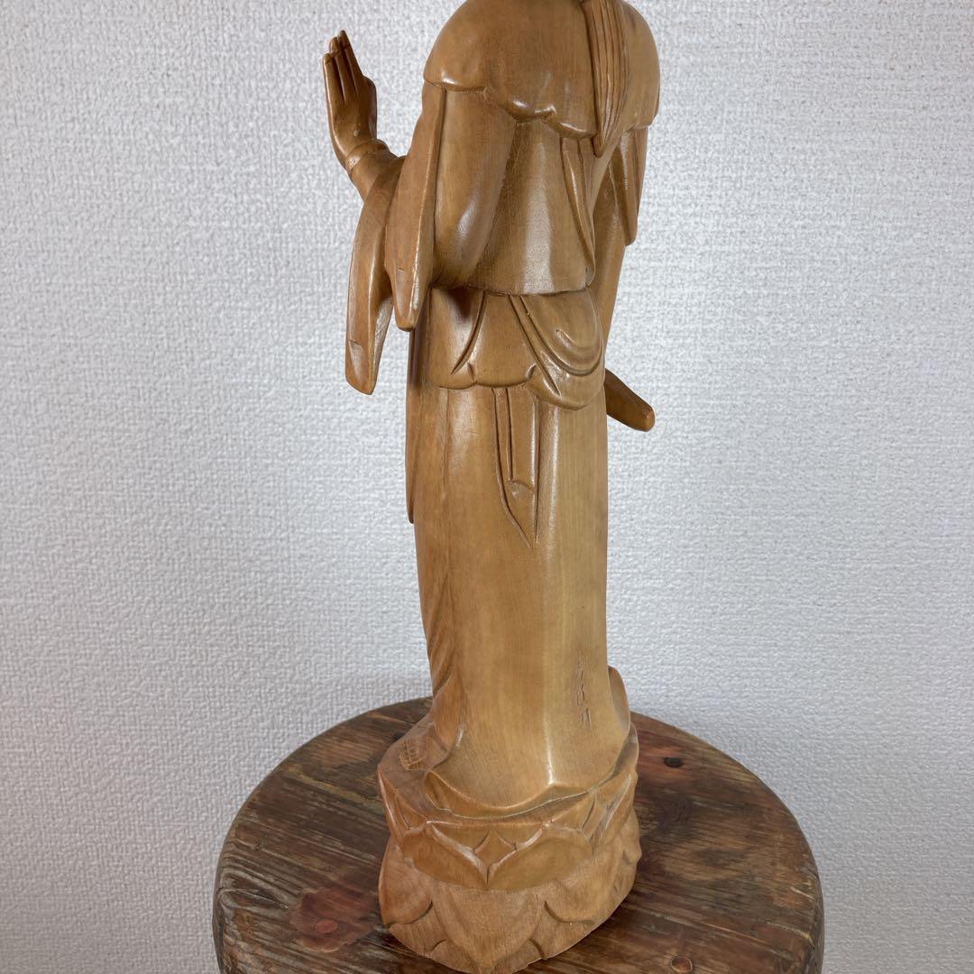 聖観音菩薩立像 一木造 高さ40cm 菩薩像 木彫り 彫刻 在銘 秀竹刀