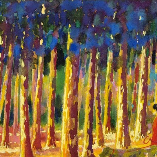 絵画「夕日を浴びて～ 森の散歩道」　水彩画