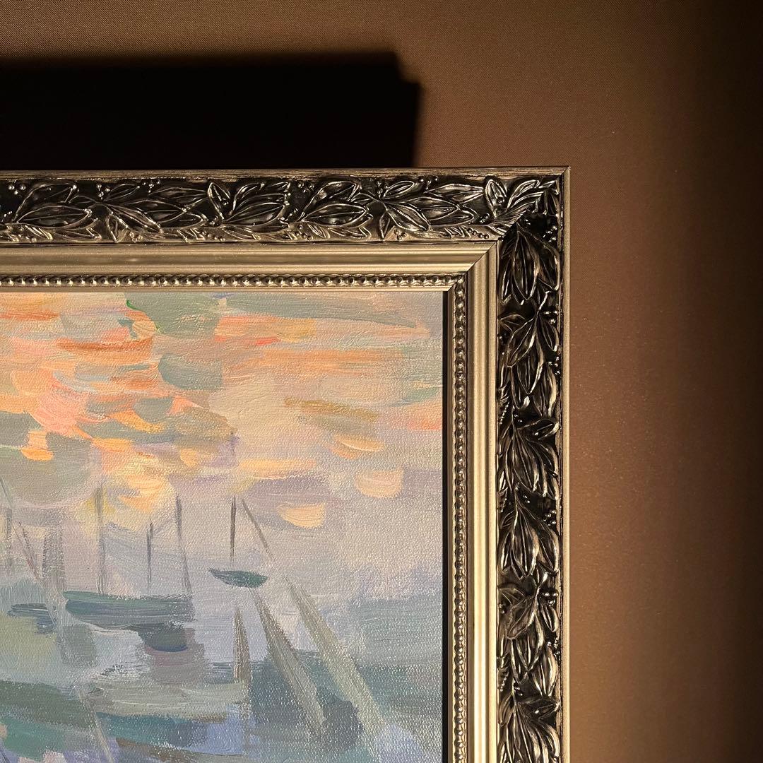 手書き油絵 クロード・モネ 日の出 海 額付 絵画 インテリア 油彩画