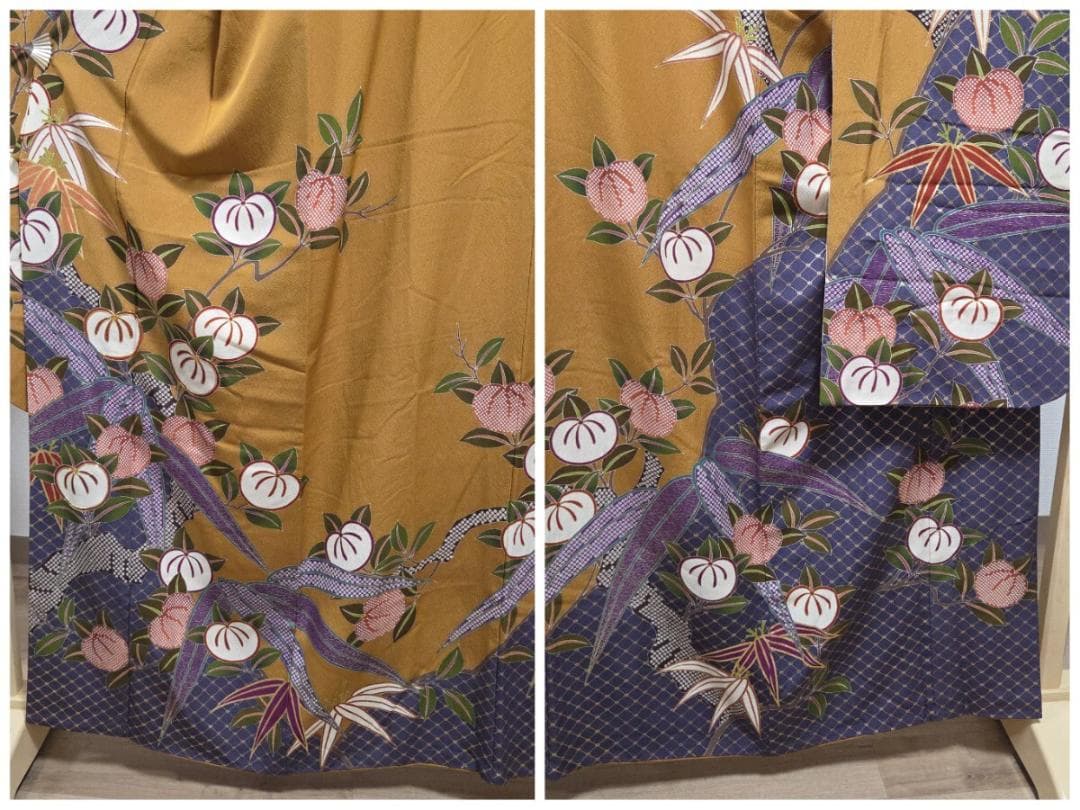 F5 橘の花模様 金駒刺繍 金彩 縮緬 山吹色 袷 正絹 成人式