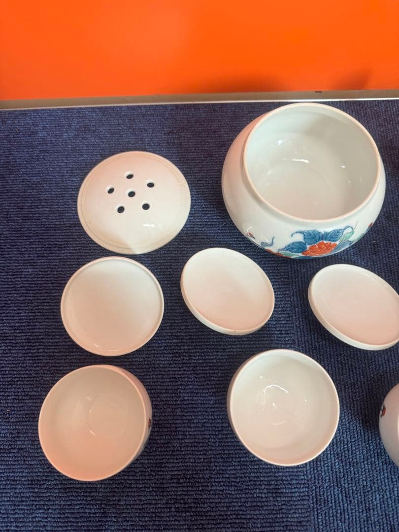 1776 有田焼畑萬陶苑 色鍋島内山水岩牡丹 茶器セット急須1 建水1湯呑蓋付4