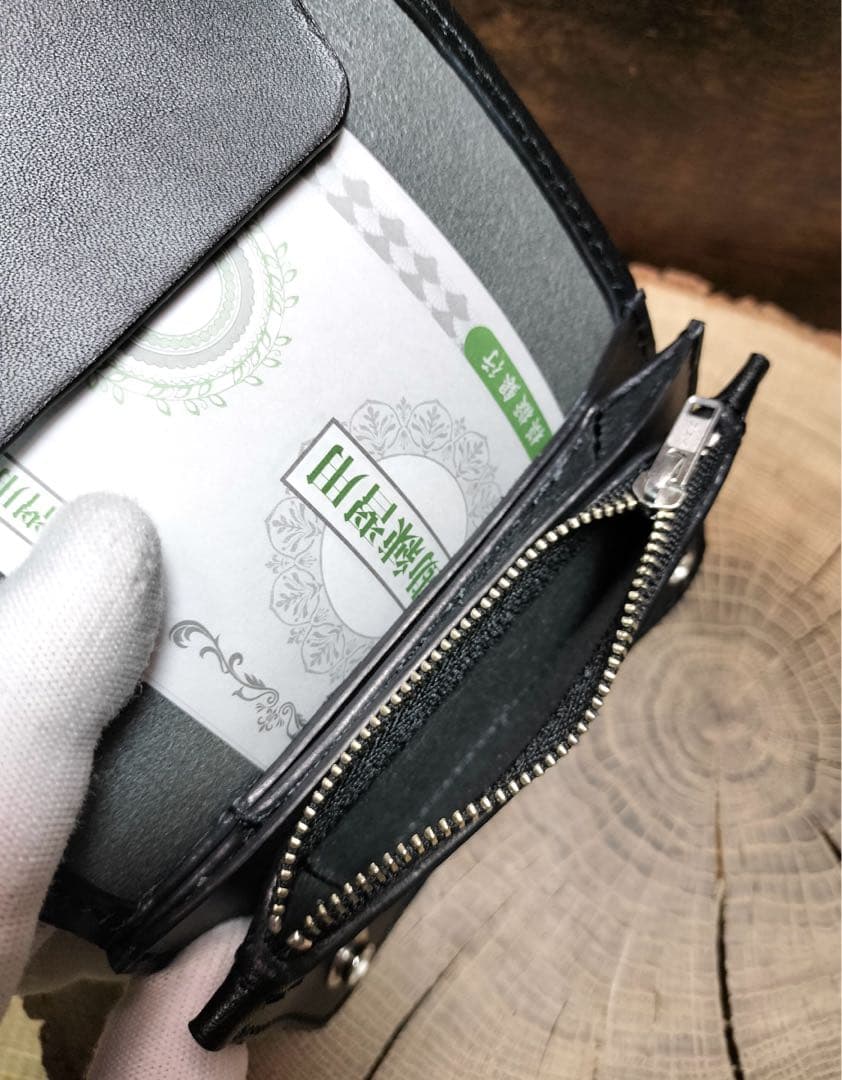 栃木レザー　お札を折らないショートトラッカーウォレット　黒　3層　ハンドメイド