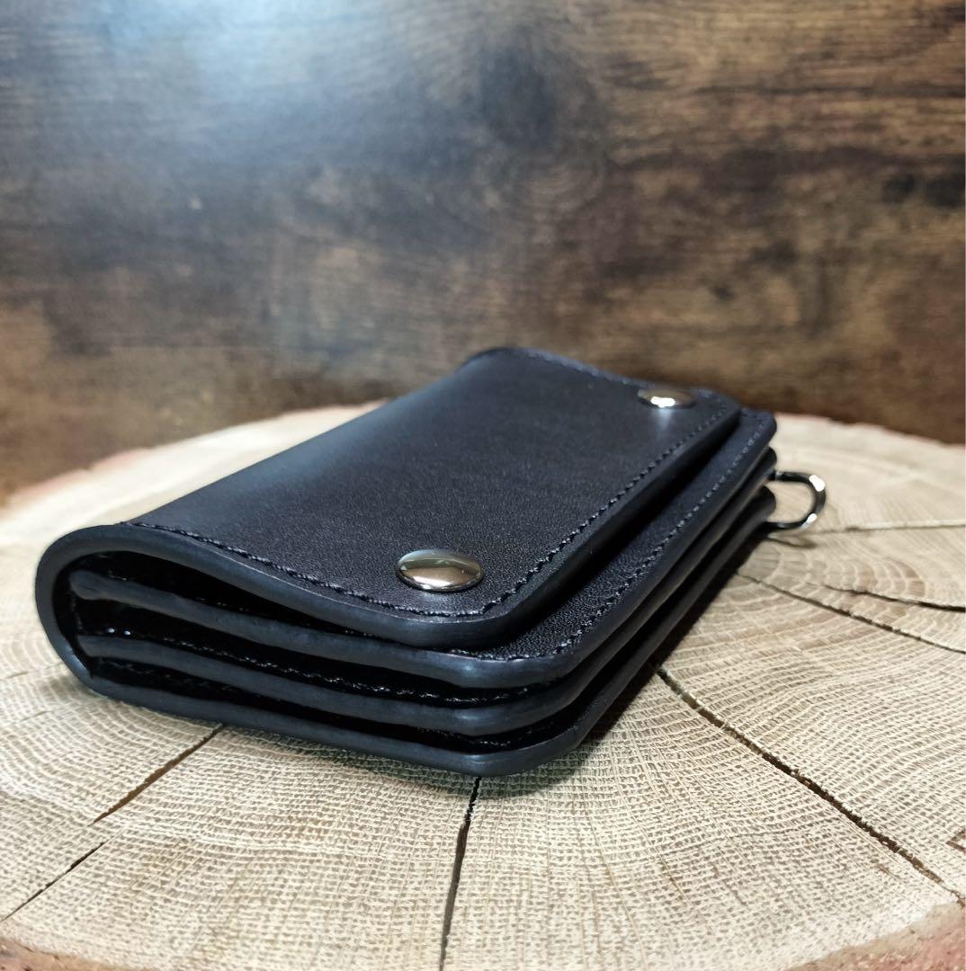 栃木レザー　お札を折らないショートトラッカーウォレット　黒　3層　ハンドメイド