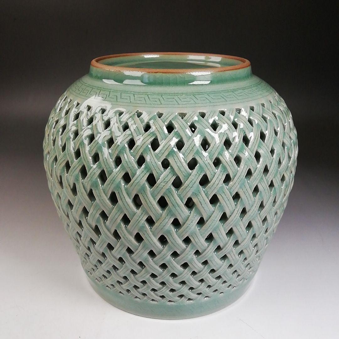 W73 水指 『青磁透刻』『芋頭水指』『金世龍 作』 共箱 茶道具