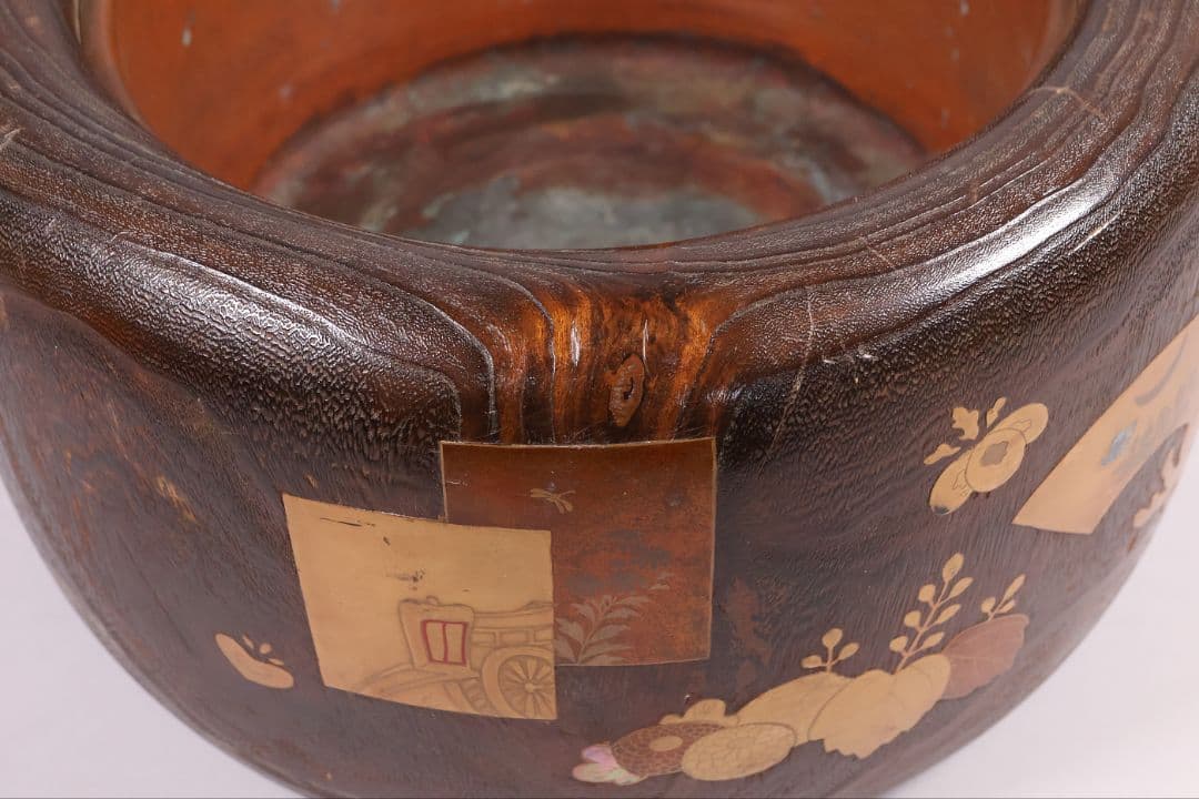 尺参 桐火鉢 金蒔絵 螺鈿細工 幅38.8cm 桐紋 菊 草花 扇面【MB31】