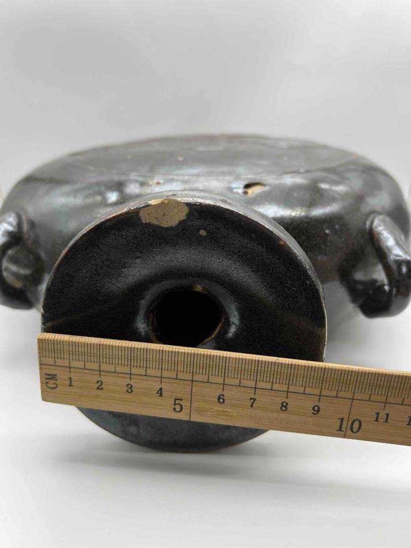 金～元時代 褐黑釉 木の葉文 大扁壺 花入 花瓶 茶道具(B-66)