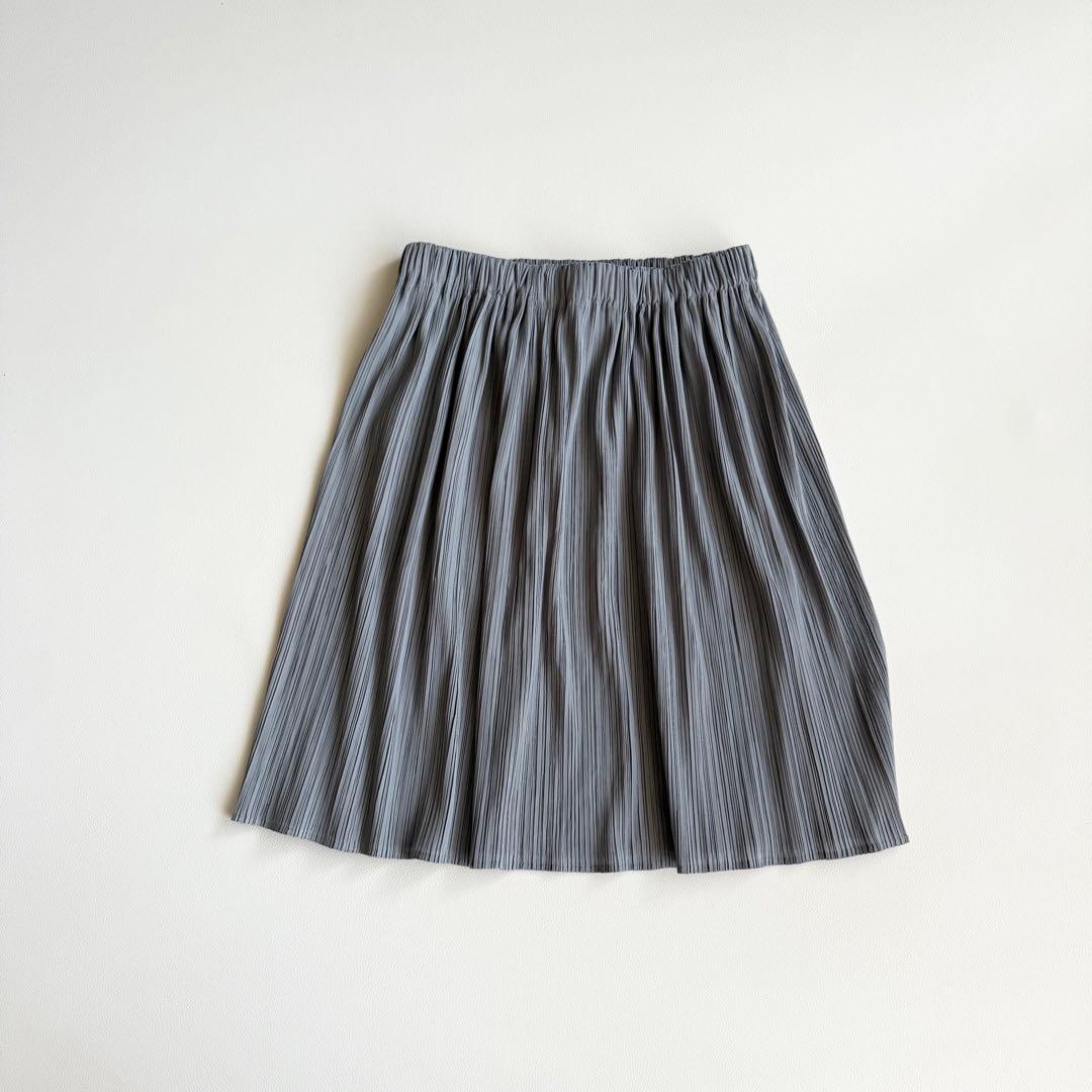 【イッセイミヤケ】プリーツスカート グレー ストライプ ひざ丈 M 日本製