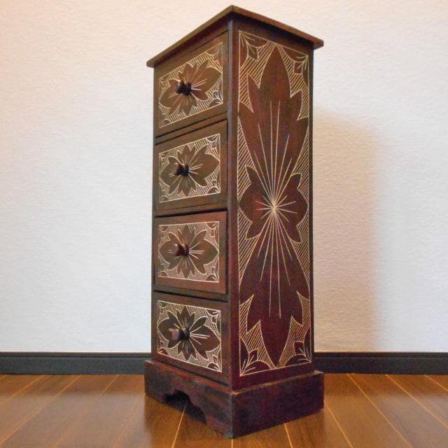 花柄模様 猫足 キャビネット アジアン家具 バリ家具 収納家具 完成品