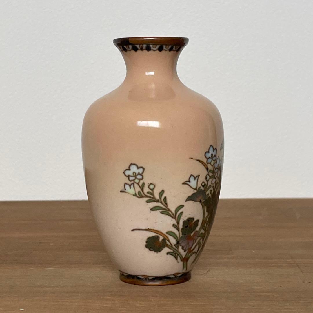 明治期　尾張　七宝　花文　銀線　植線　花瓶　小花瓶　小瓶　七宝焼　壷　花入