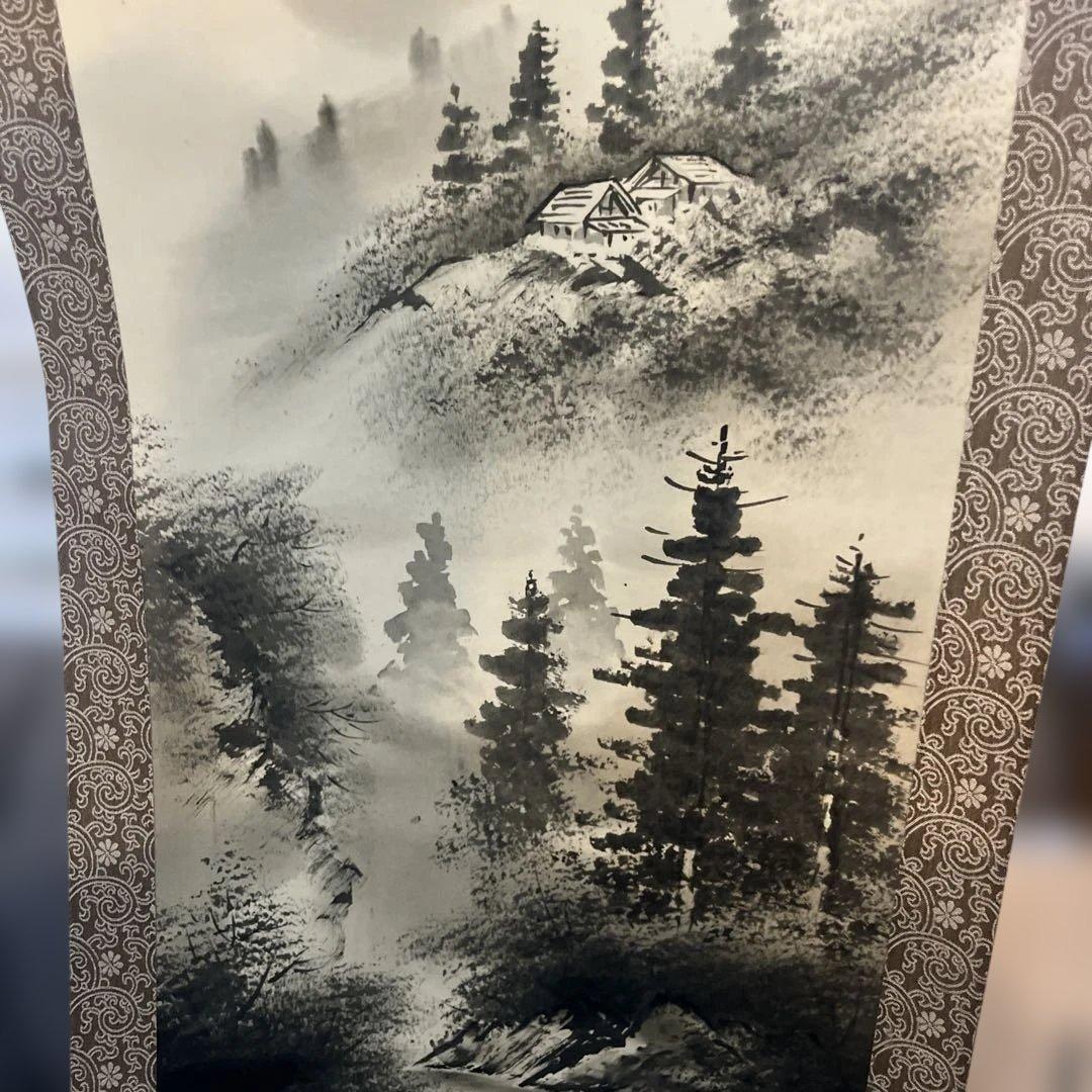 平野 翠雪 筆 彩色山水 掛け軸 掛軸 肉筆 共箱 水墨画