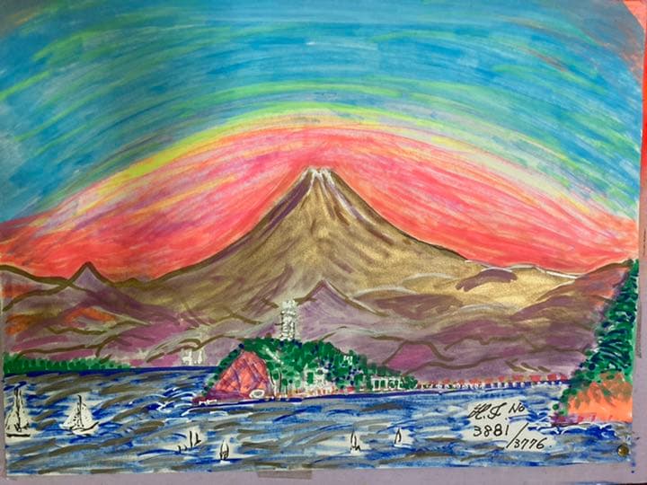幻想絵画、空飛ぶ画家糸川裕志の富士山曼荼羅の一点、水彩画 幻想絵画、空