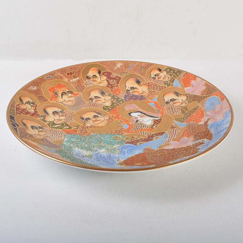九谷焼　色絵金彩　人物魚文　大皿　飾皿　直径約36㎝　在銘　V　5780C