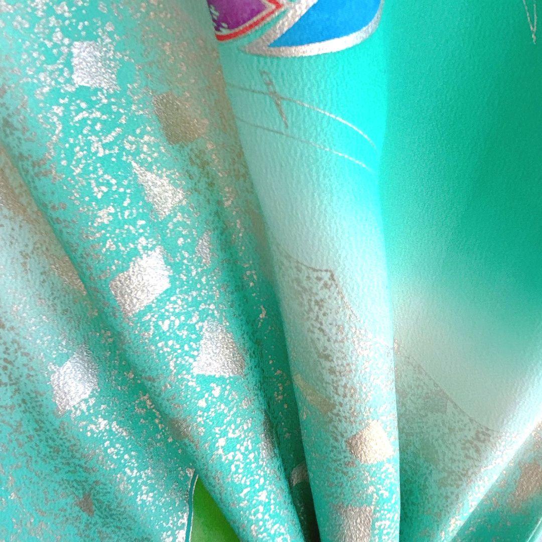 フルセット 七五三 7歳女の子 長着＆長襦袢＆帯＆小物　エメラルド　金銀プリント