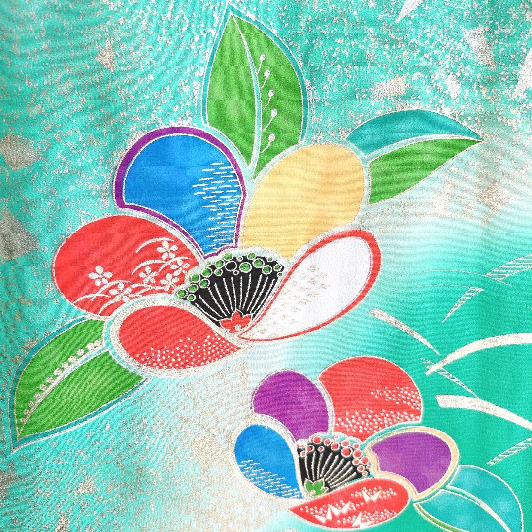 フルセット 七五三 7歳女の子 長着＆長襦袢＆帯＆小物　エメラルド　金銀プリント