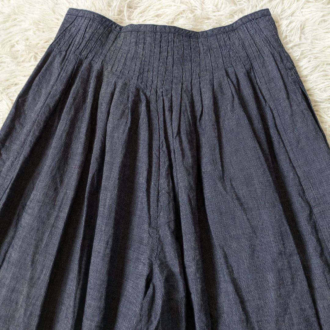 45R キュロットギャザーワイドパンツ　ストライプ　インディゴ　サイズ1 日本製