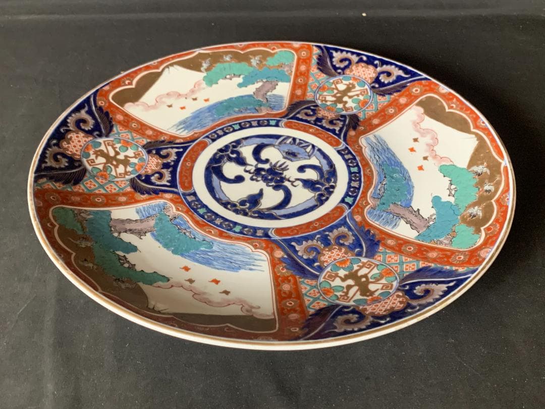 古伊万里 元禄伊万里 染錦 窓絵 富士に千鳥鶴松図 妖怪文 大飾皿 江戸中期