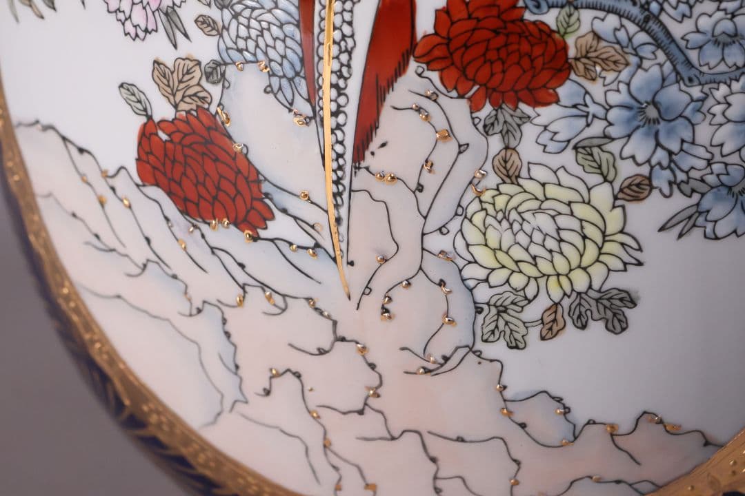 薩摩焼 栄盛窯 瀧山作 金襴手花鳥図鶴首大花瓶 65.7cm 飾瓶【CM208】