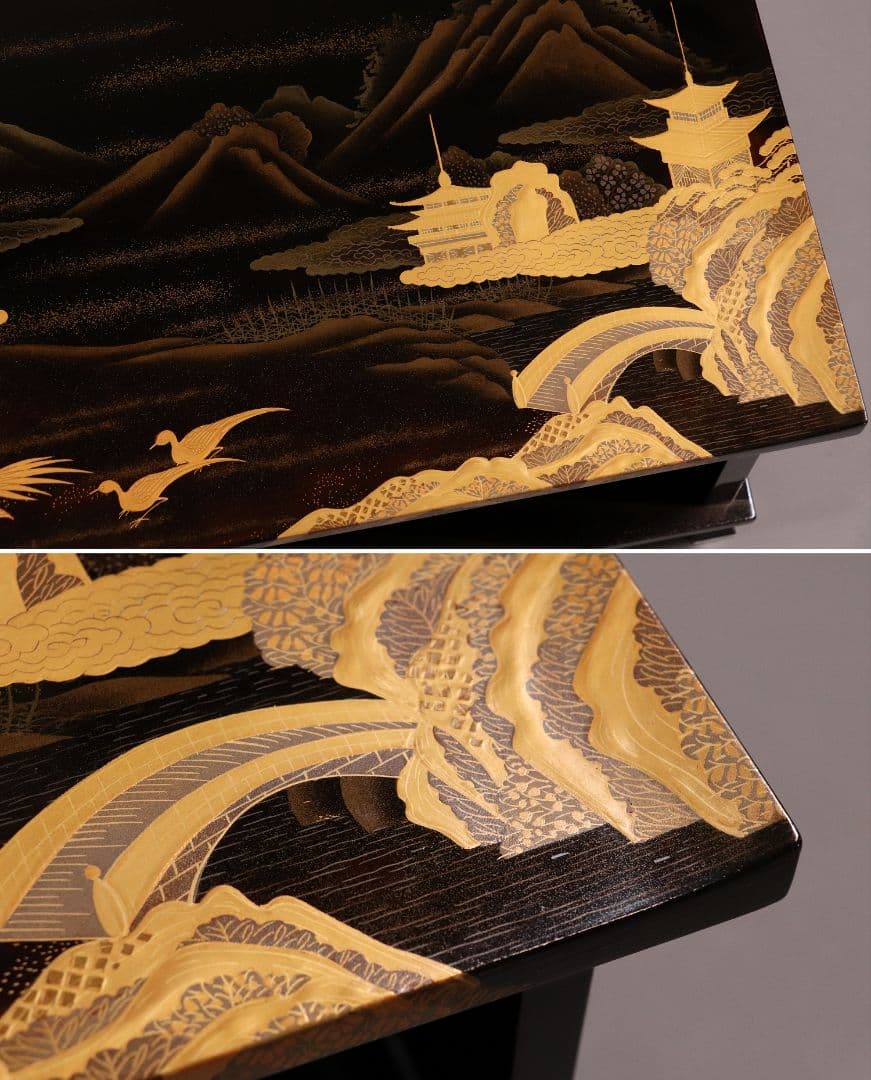 輪島塗 蒔絵師 久世宗春 山水金蒔絵 冠卓 二段卓 花台 黒塗【MA189】