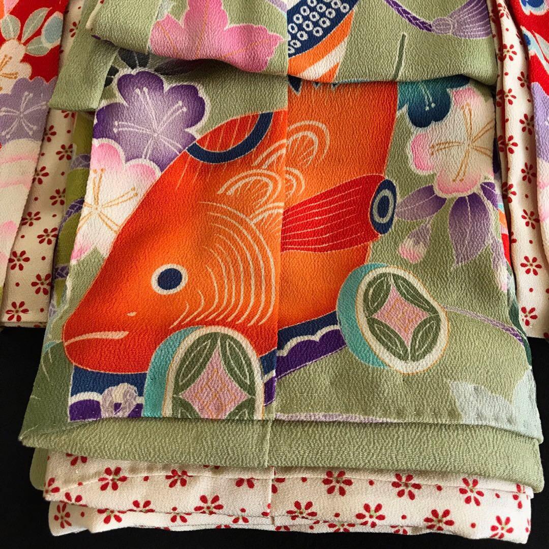 市松人形 12号 鯛車 鼓 花 錦紗縮緬 アンティーク 着物 帯 ＊