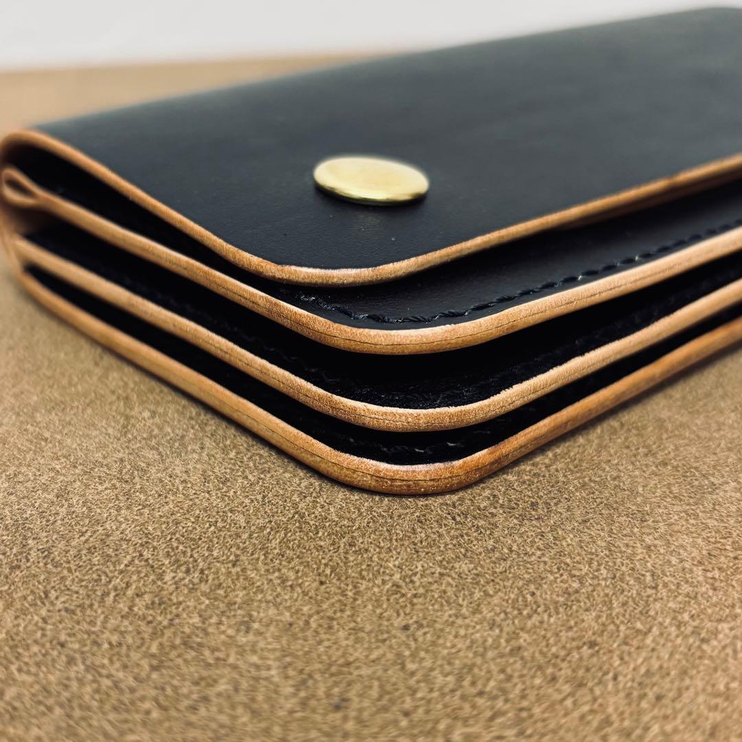 【鳴島】ホースハイド　トラッカーウォレット　黒　茶心　3層　alps