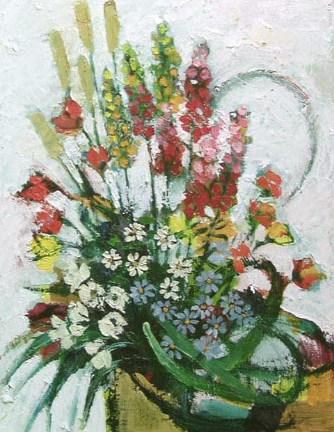 油絵 菅家令子 絵 絵画インテリア 額付(青緑＋金色の枠)uF6-111202花