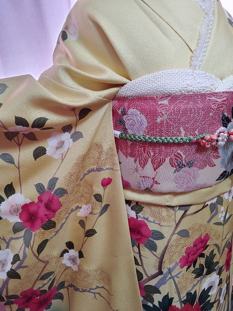 豪華 牡丹 振袖 袋帯 帯揚げ 帯締めセット 刈安色(薄い緑がかった黄色)