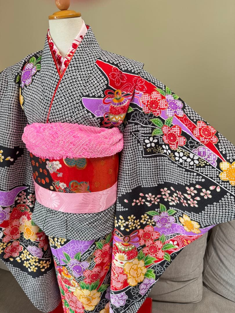 七五三着物帯セット　7歳　黒系　絞り柄