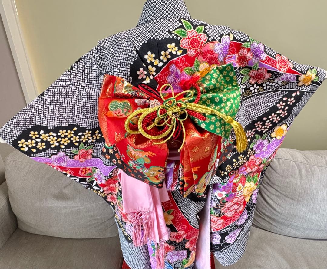 七五三着物帯セット　7歳　黒系　絞り柄