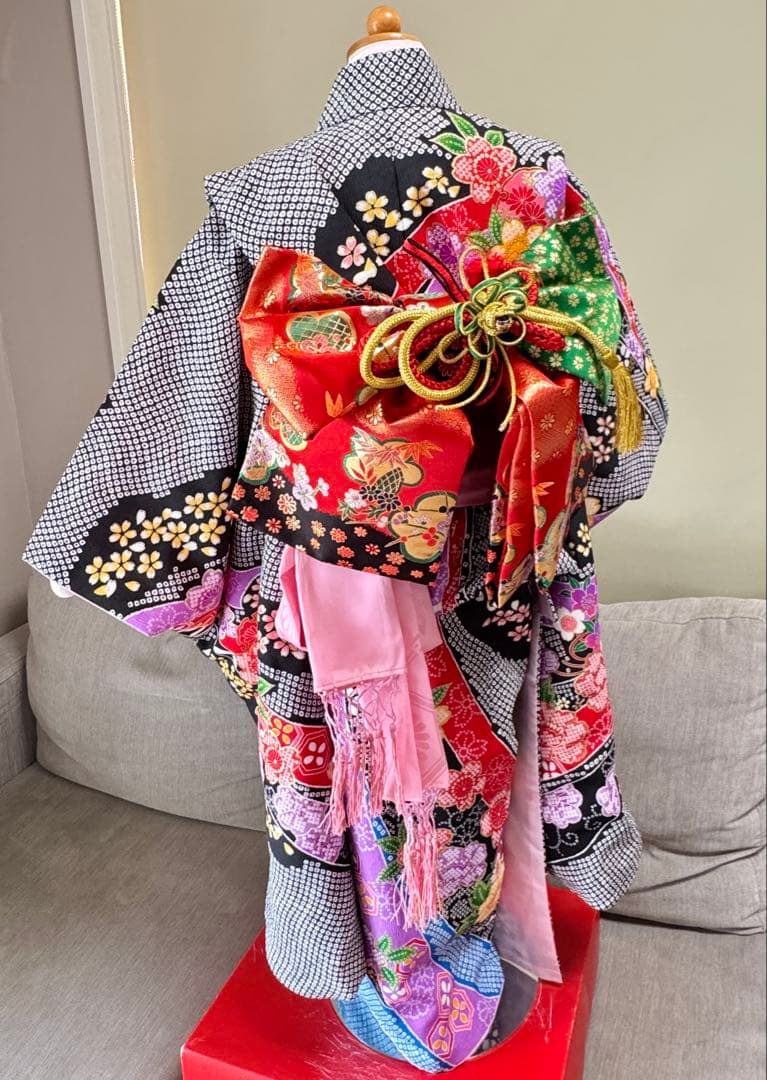 七五三着物帯セット　7歳　黒系　絞り柄