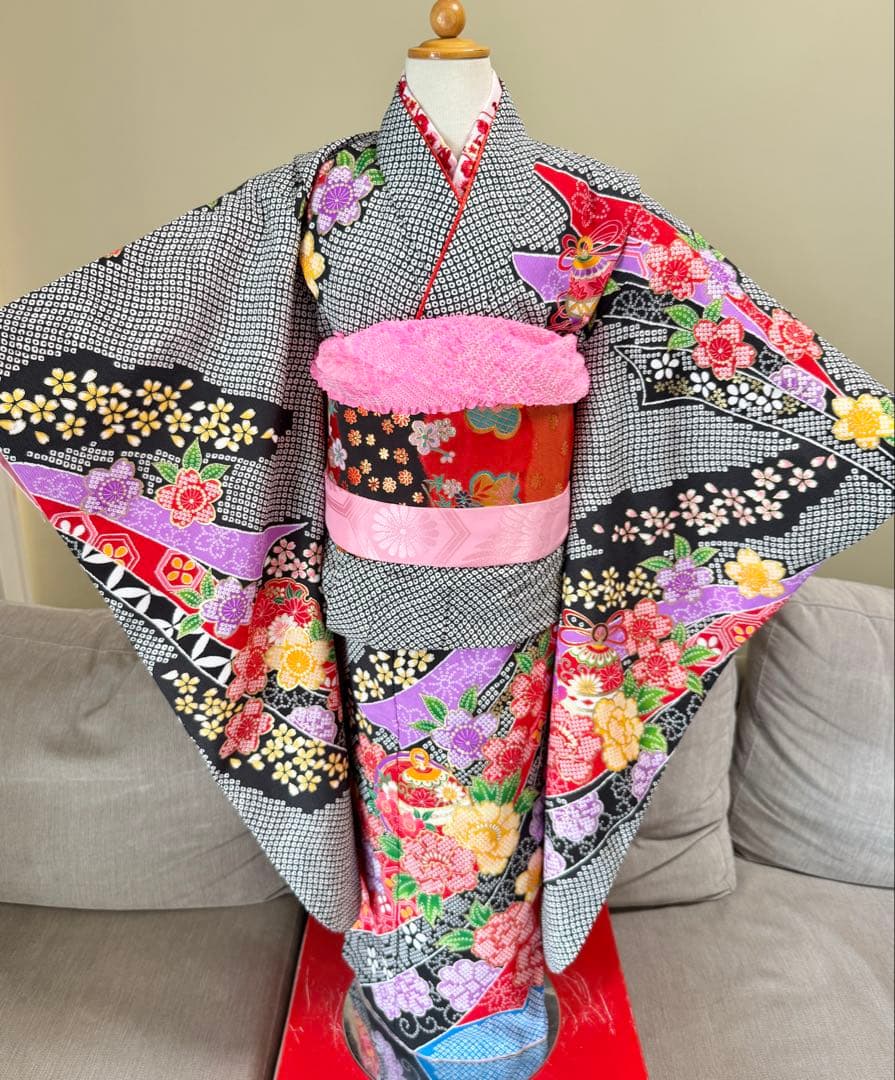 七五三着物帯セット　7歳　黒系　絞り柄