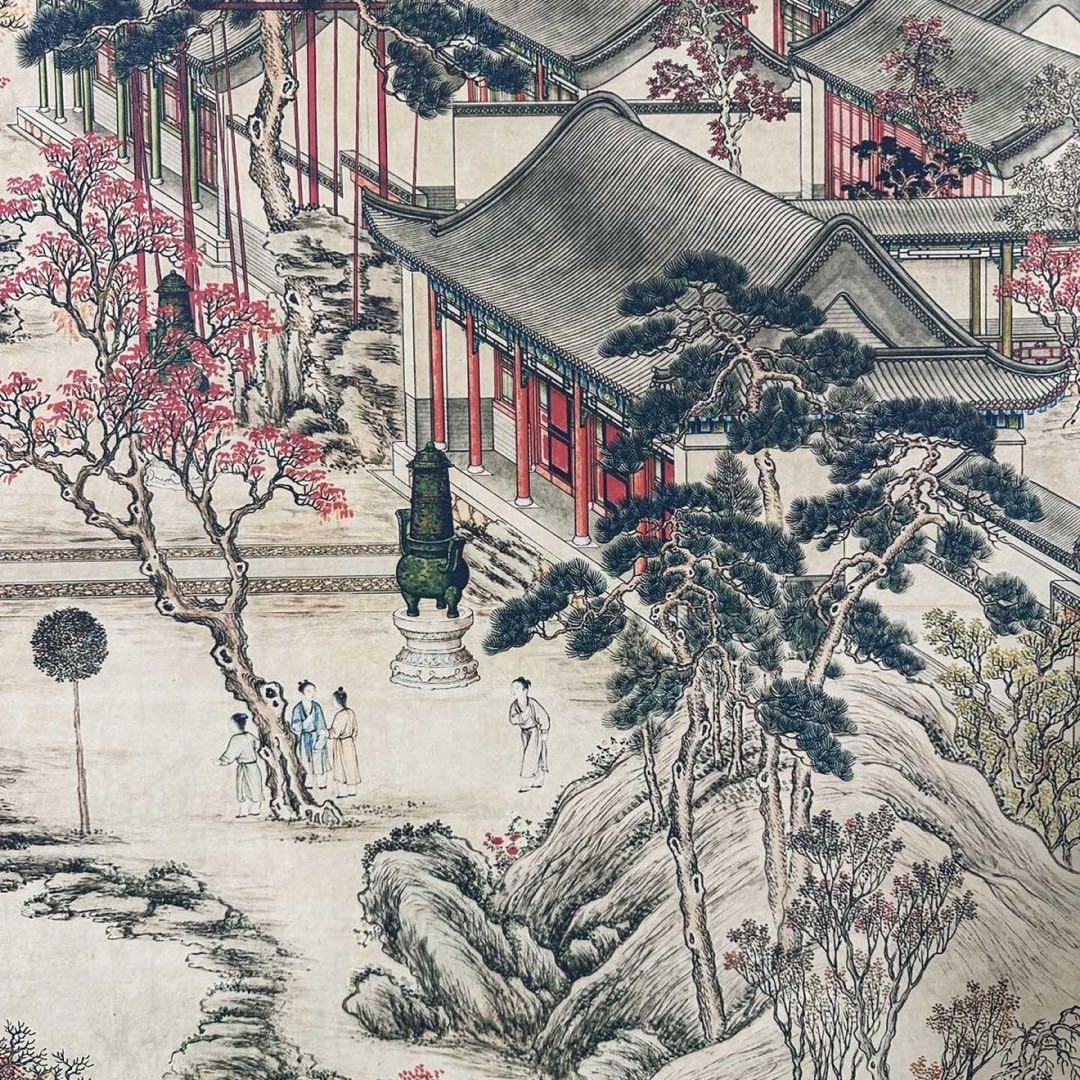 【証明書付】郎世寧《怡園図》 中堂画　防偽標識あり　掛け軸　70×173cm