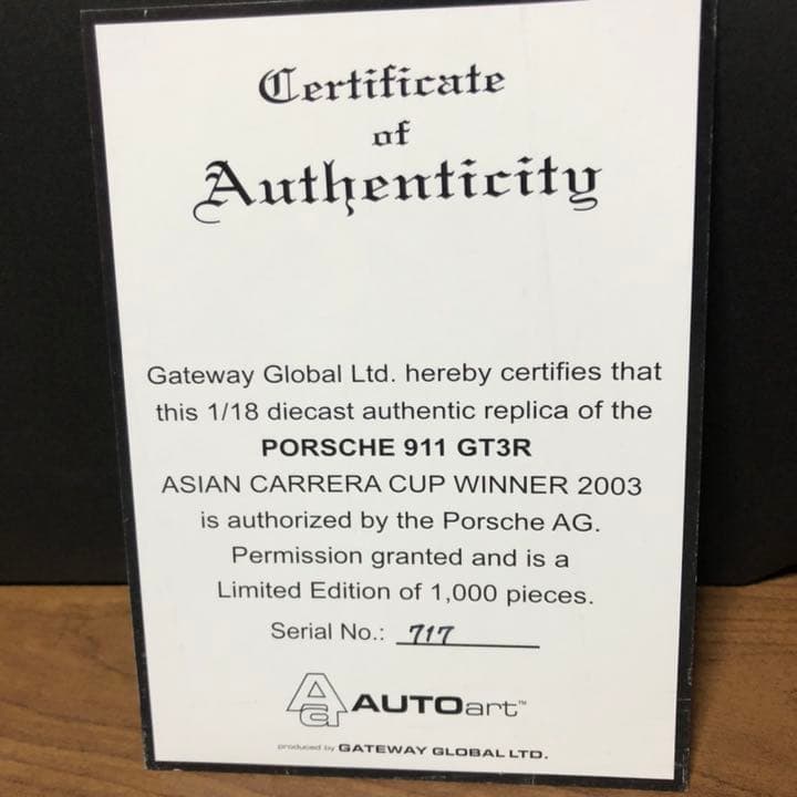 未展示品オートアート1/18 ポルシェ911GT3R アジアンカレラカップ優勝車