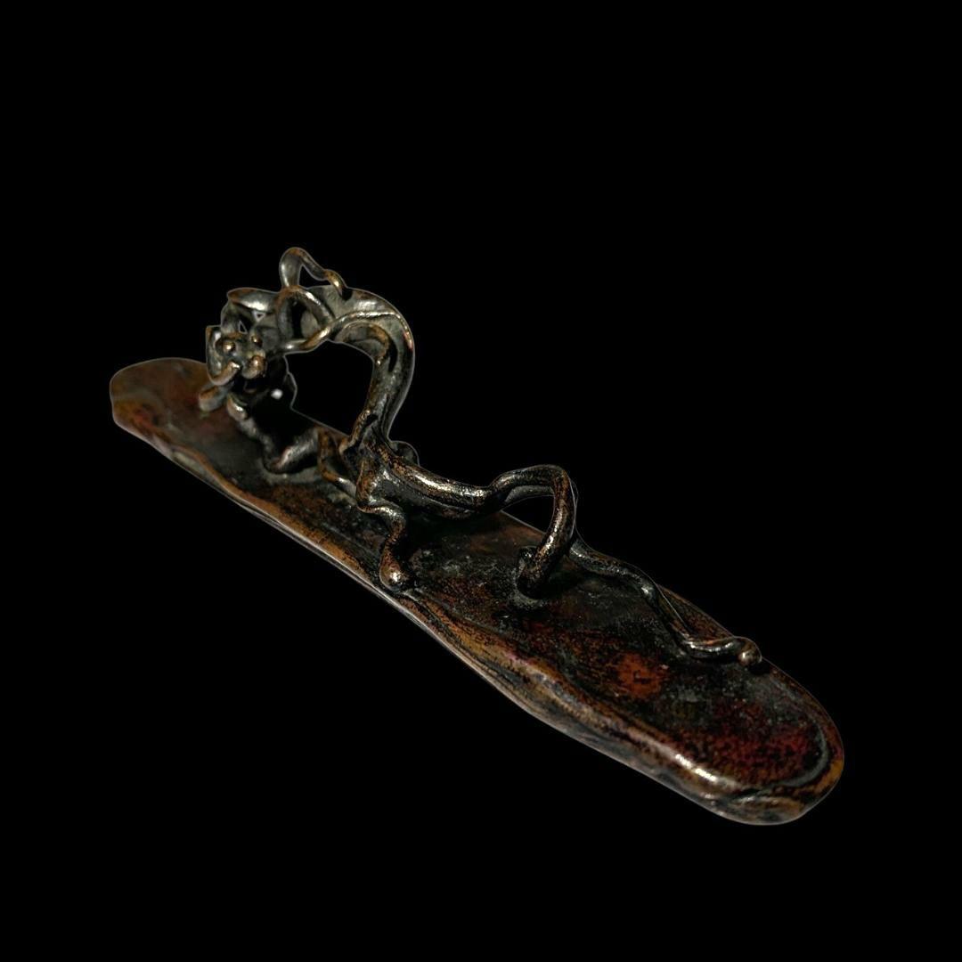 本間琢斎 斑紫銅製 文鎮 龍紐文鎮書鎮 筆架 書道具 金属工芸 骨董 共箱