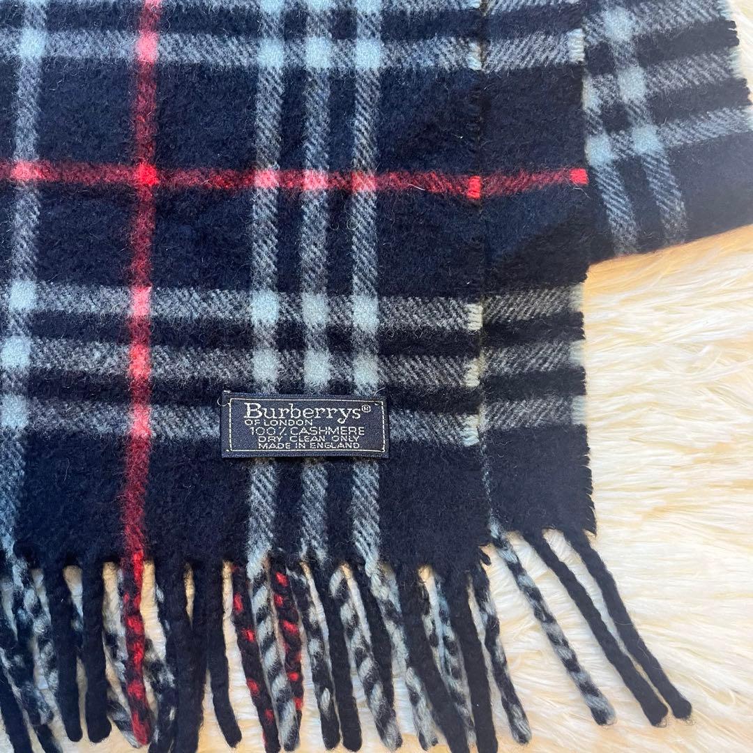 BURBERRY メガチェック カシミヤ100% ネイビー マフラー 英国製