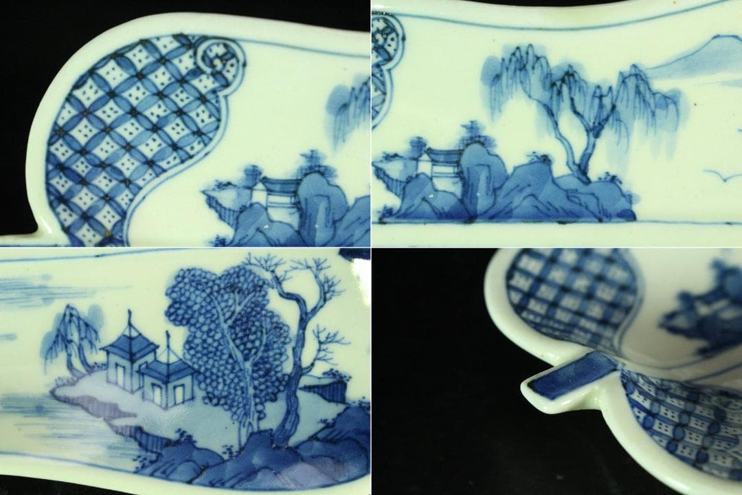 三浦竹泉作 青花山水 団扇形 皿 揃い 大小五客(K-XA885)