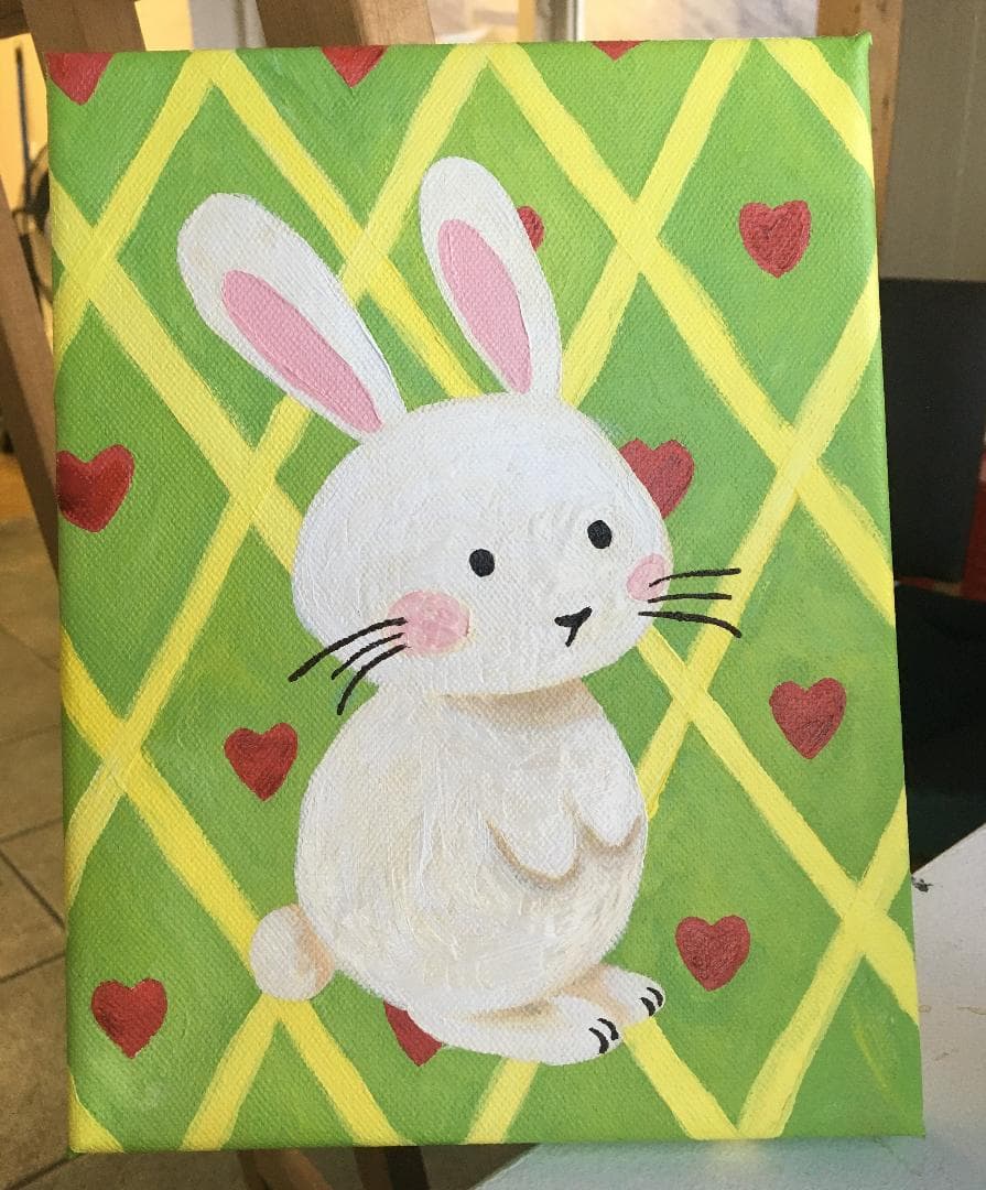 原画、キャンバス「イースターうさぎ」緑　－かわいい絵