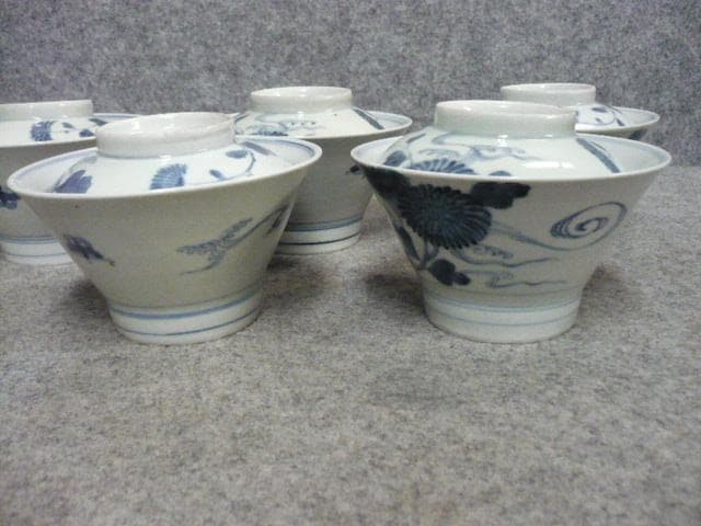 古伊万里 花に蝶図 染付 蓋茶碗 5個 [B31360]