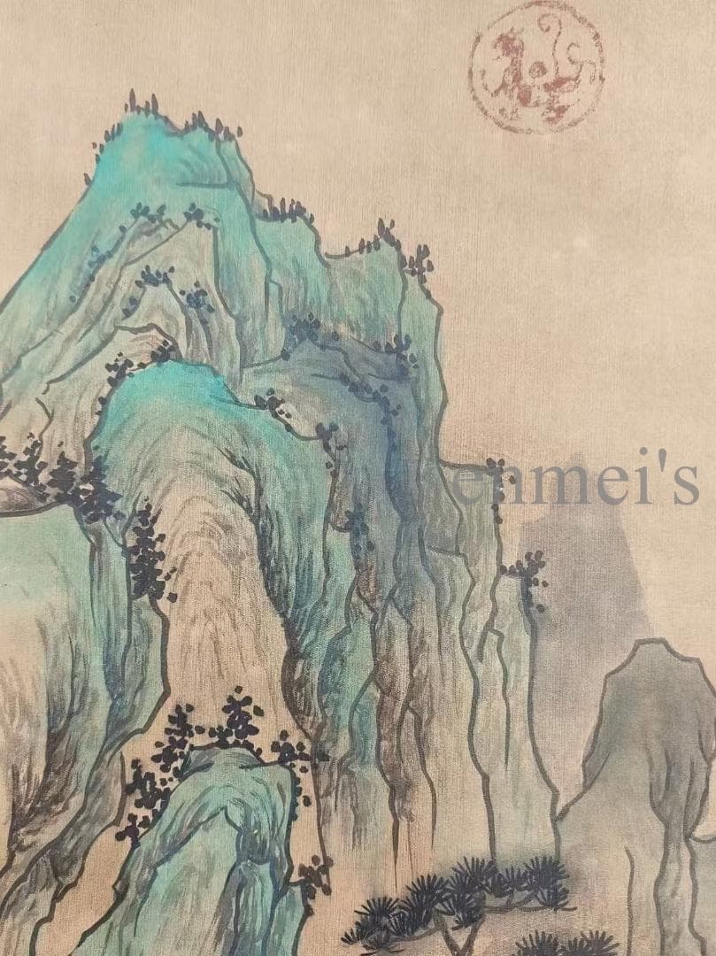 中国古美術 近代 絹本手描き 呉湖帆作款 山水画 掛軸 三尺 牙