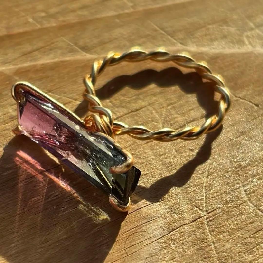 美品 希少 バイカラートルマリン リング ハンドメイド k14gf 15号